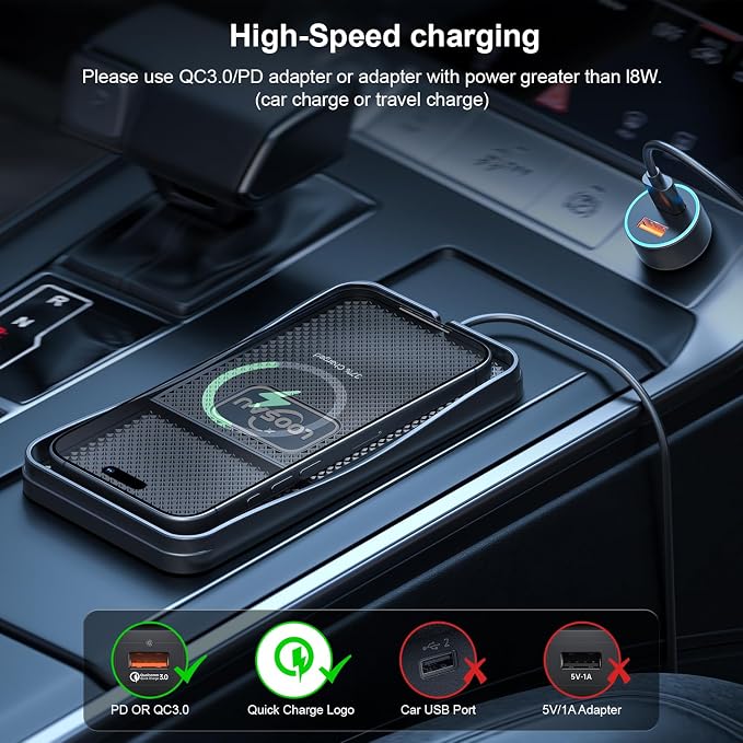 Wireless Car Phone Charger 15w Fast Chargers Charging pad Non Slip | Car Wireless Phone Charger for iPhone 17/16/15/14/13/12 Pro Max, for Samsung Galaxy S23 S22 S20 (1M Cable) - Image 7