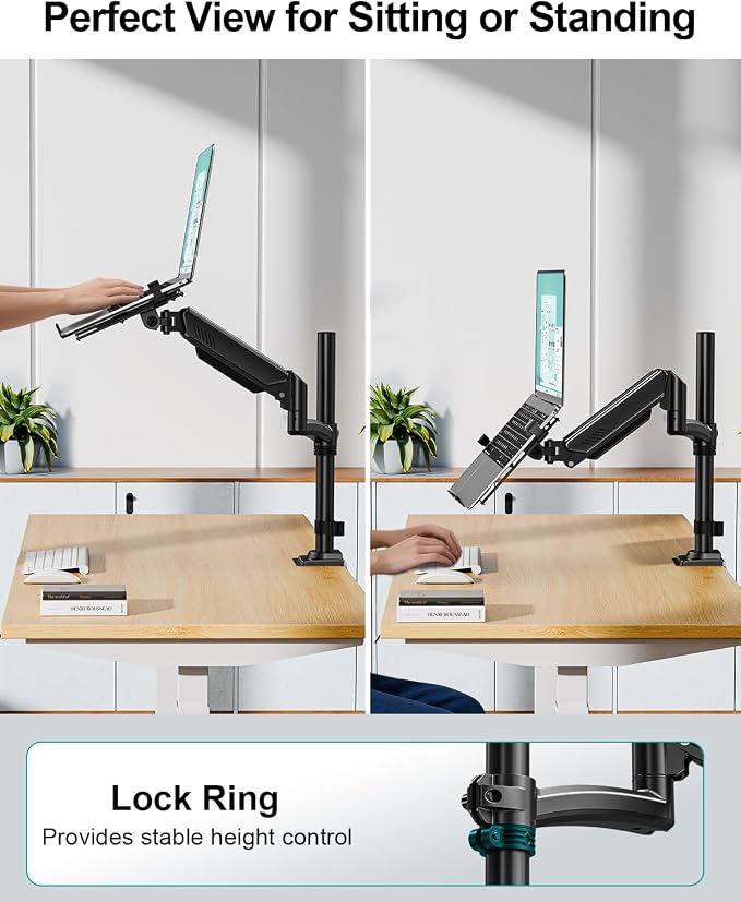 MOUNT PRO Laptop Arm Desk Mount, Single Monitor Stand with VESA Laptop Tray, Adjustable Lap Top Holder for Max 22lbs 17" Notebook & 32" Computer Screen, Swivel Notebook Bracket, Clamp on/Grommet Base - Image 7