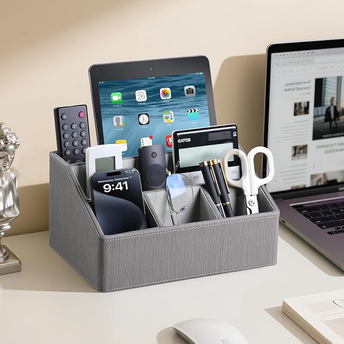 PU Leather Desk Organizer, Remote Control Holder, Grey | Luxury Nightstand Organizer for Home, Office Desk Accessories, Bedside Table Caddy with 5 Compartments, Velvet Lining - Image 3