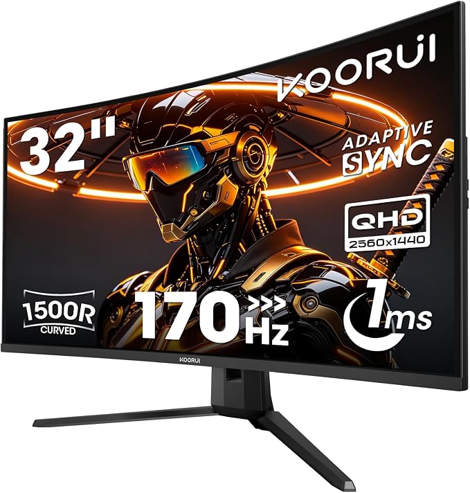 KOORUI 32 inch Curved Gaming Monitor, QHD 170Hz, 1ms 1500R Display | 2560×1440p Monitor, Adaptive Sync, 90% DCI-P3, HDMI×2 and DP, VESA, FPS & Console Gaming, Immersive Gaming by KOORUI