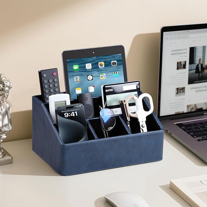 PU Leather Desk Organizer, Remote Control Holder, Dark Blue | Luxury Nightstand Organizer for Home, Office Desk Accessories, Bedside Table Caddy with 5 Compartments, Velvet Lining - Image 3