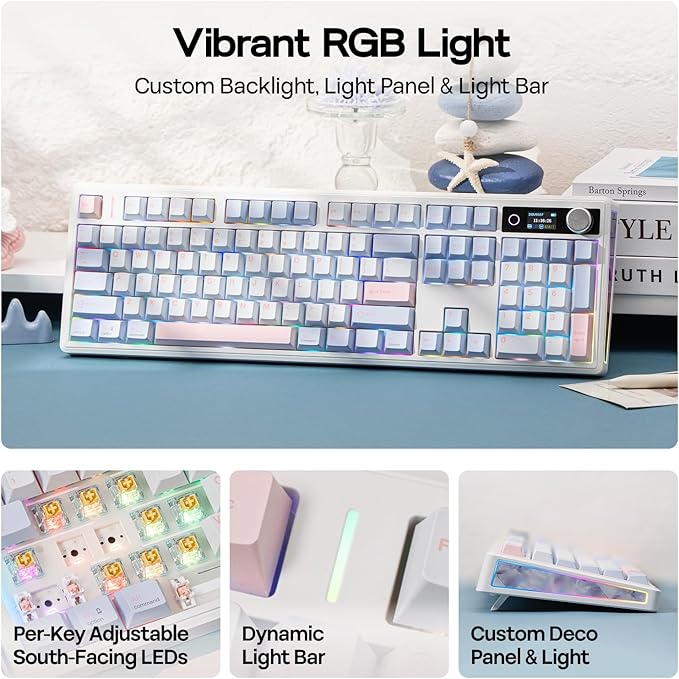 EPOMAKER TH108 V2 PRO Full Size Mechanical Keyboard with Screen&Knob | 10000mAh, BT/2.4Ghz, Mac Modifier PBT Keycap, RGB, Gasket, Wireless Gaming Keyboard for Mac/PC (Blue, Creamy Jade) - Image 4