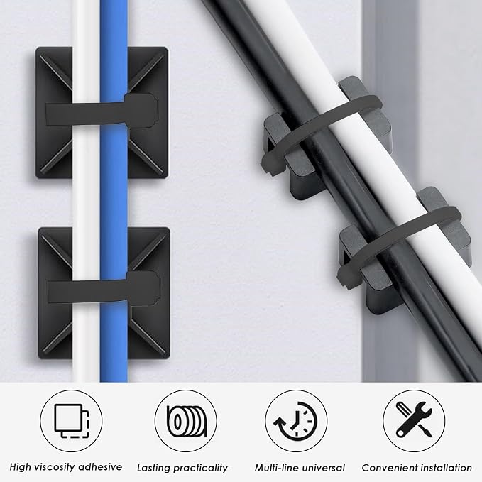 smseace 360Pcs Strong Back-Glue Self Adhesive Black Cable Zip Tie Mounts Kit with 6inch Zip Ties and Screws, UV Protection Outdoor Sticky Wire Fasteners Cable Clips Management - Image 3