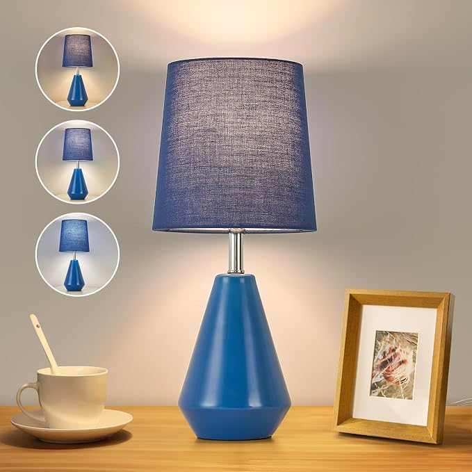 Small Bedside Table Lamp for Bedroom - Reading Desk Lamp with 3 Color Temperatures，15.5" Nightstand Ceramic Lamp with Fabric Shade for Kids Room,Living Room,Dorm,Home Office (Blue) - Image 9