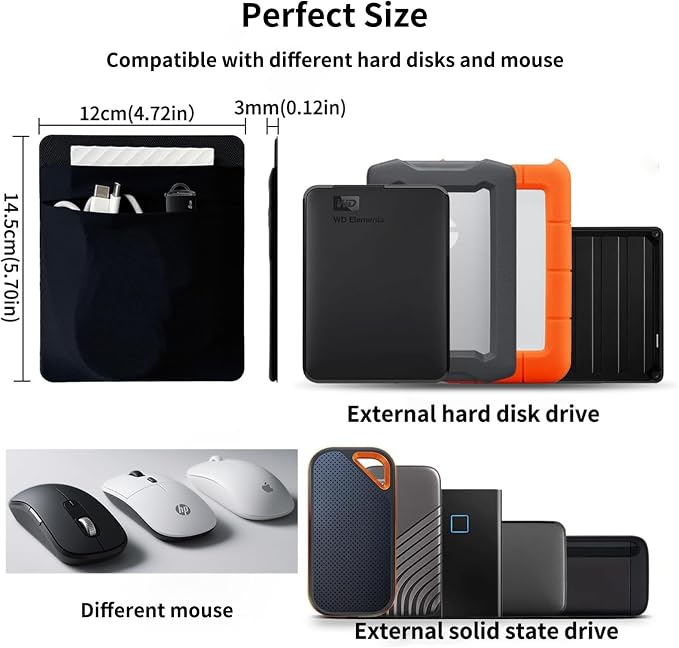 2-Pocket SSD Holder for Laptop,Adhesive Pouch,Portable Hard Drive Sleeve for Laptop,Compatible with External 2.5" HDD, Magic Mouse, Externa Hard Drive,USB Cable and More Holder - Black - Image 2