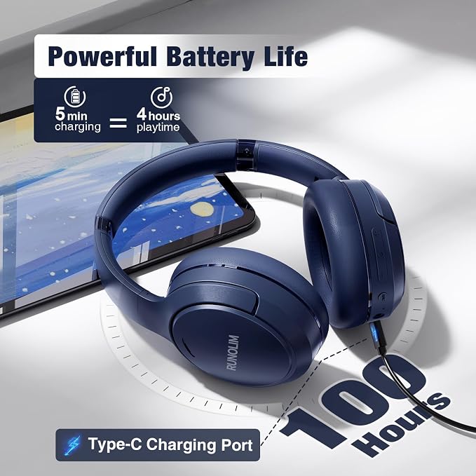 RUNOLIM Hybrid Active Noise Cancelling Headphones, 100H Playtime, Built-in Microphone, Bluetooth Wireless Over Ear Foldable Headphones with HiFi Audio, Home Travel Office - Image 3