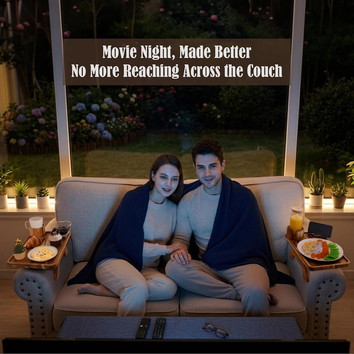 Nnewvante 2 Pack Couch Armrest Table, Acacia Wood Sofa Arm Clip On Tray - Image 3
