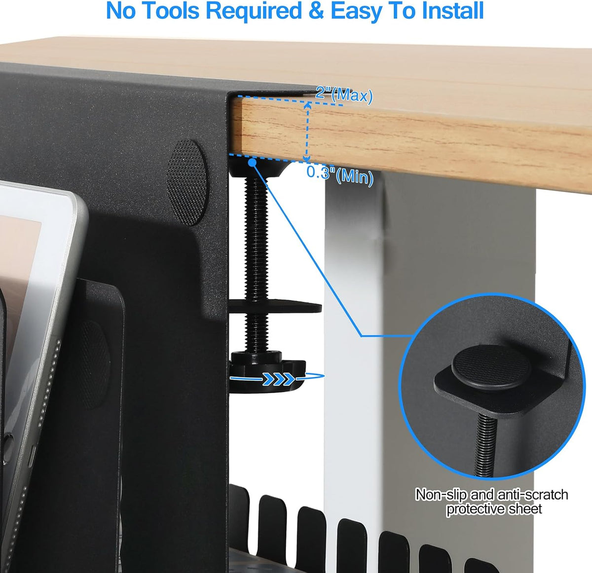 MAXECHO Desk Side Storage, Under Desk Laptop Mount, Table Side Hanging File Organizer, No Drill Clamp On Cable Management Tray, Laptop Holder with Magnetic Pen Holder for Office and Home, Load 22 Lbs - Image 2