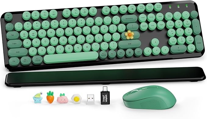 Wireless Keyboard and Mouse Combo, Round Keycaps, Full-Size Retro Typewriter Keyboard with Magnetic Wrist Rest, Tilt Legs, 2.4GHz Cordless for Mac, Windows PC, Laptop, SABLUTE CK23, Black & Green | Full-Size Retro Typewriter-Style Keyboard, Tilt Legs, ... by SABLUTE