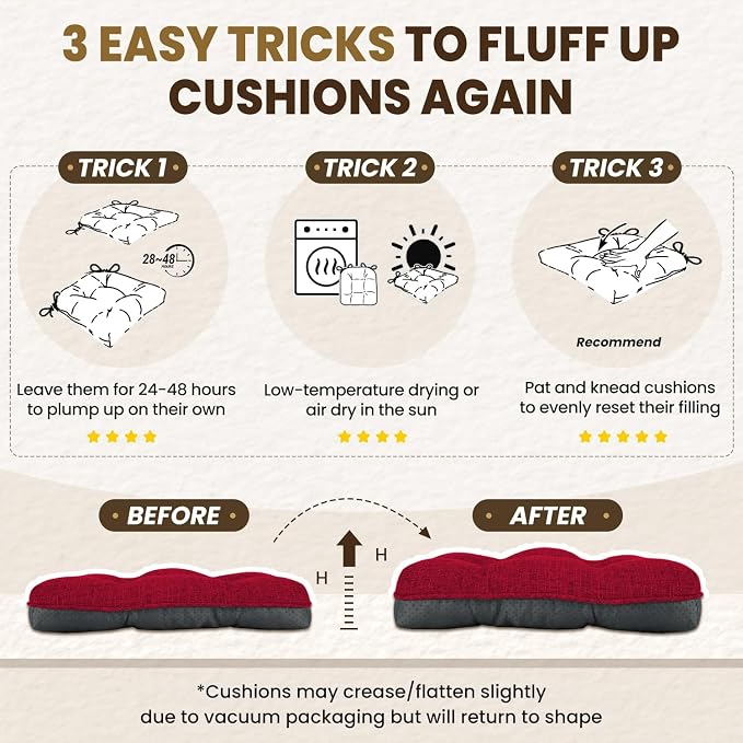 downluxe Indoor Chair Cushions for Dining Chairs, Tufted Overstuffed Textured Kitchen Chair Pads with Ties and Non-Slip Backing, 15.5" x 15.5" x 4", Red, 4 Pack - Image 7