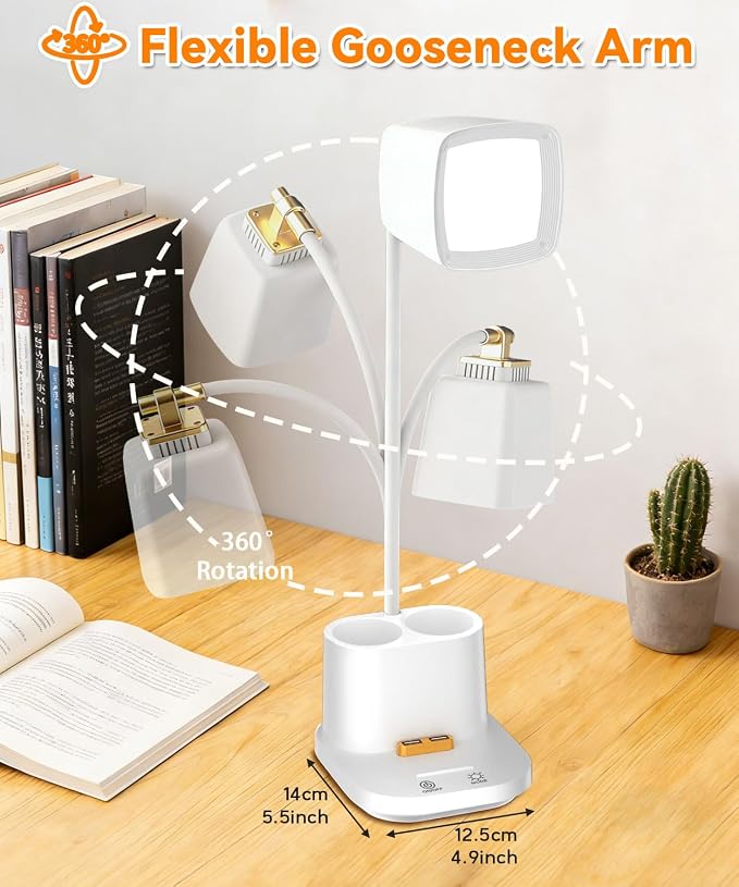 LED Desk Lamps for Home Office with Charger, Organizer, Desk Light Table Lamp for Bedroom, Study, Reading, Work, Nail, Gooseneck Small Desk Lamp for Artist, Puzzle, Drawing, Eye-Caring LED Office Lamp - Image 4