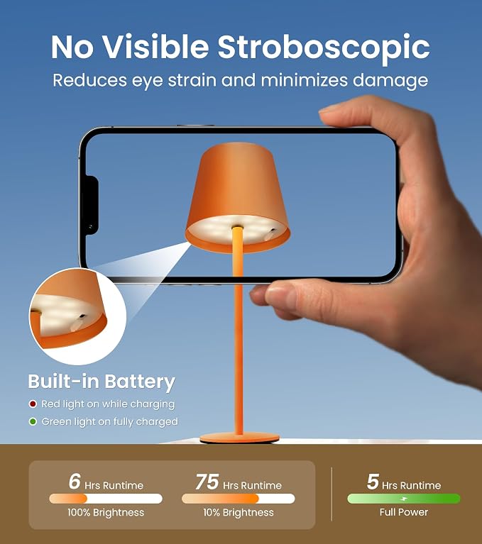 3 Pack Cordless Table Lamp, Portable Battery Operated Lamp with 3 Color Temps and Stepless Dimming, Rechargeable Table Lamp for Dinner, Desk, Cafe, Outdoor (Orange) - Image 7