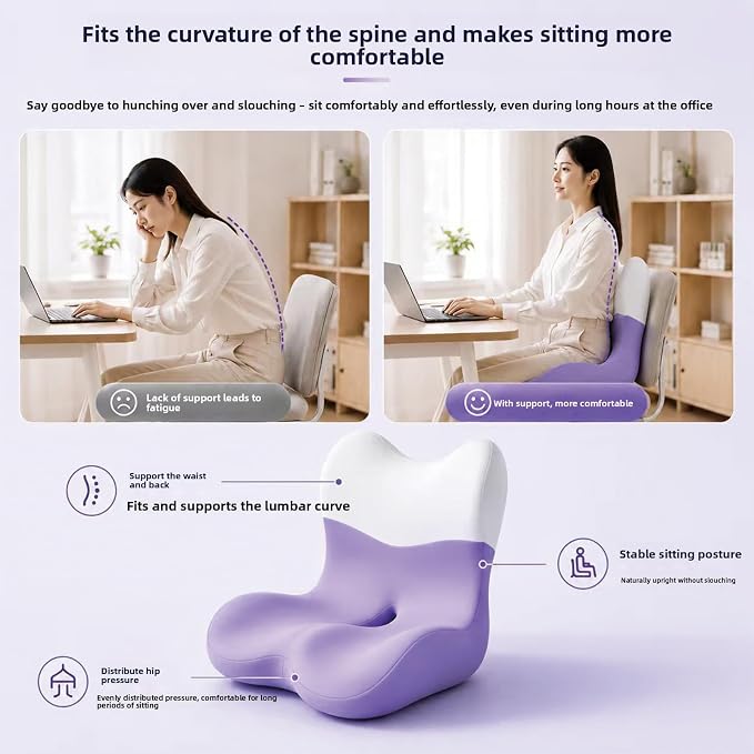 X Large Memory Foam Seat Cushion Lumbar Support Pillow for Sciatica & Tailbone Pressure Relief Coccyx Pad for Office Chair, Car,Wheelchair,Home,Office-Purple - Image 4