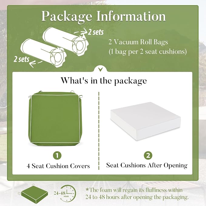 Basic Beyond Outdoor Chair Cushions for Patio Furniture, Waterproof Outdoor Seat Cushions Set of 4 19 x 19, Patio Chair Cushions Set of 4 with Ties and Handle, Grass Green/White - Image 7