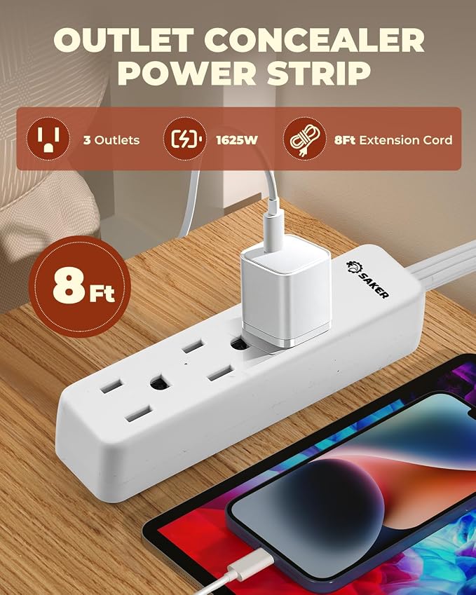 Saker Outlet Concealer Power Strip, 8ft Flat Cord, 3 Outlets, White | 8ft Ultra-Thin Flat Extension Cord, Low-Profile Flat Plug Design, 3 Convenient AC Outlets, Wall-Hugging Cord Management - Image 3