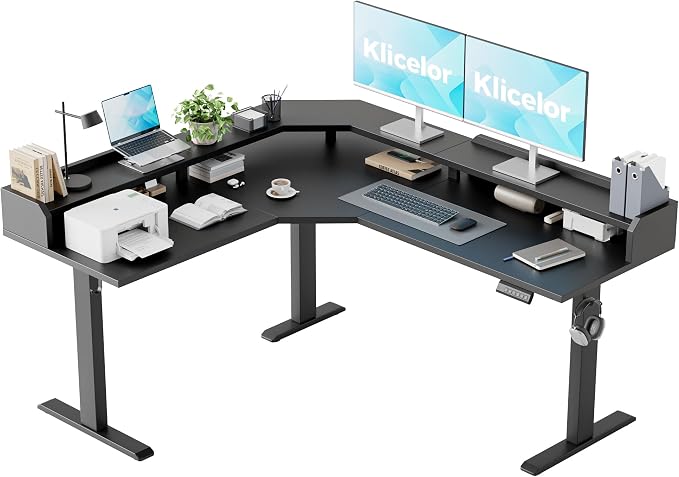 Klicelor L Shaped Electric Standing Desk 63 x 55 inch with Shelf, Height Adjustable Corner Desk, Sit Stand Desk with Storage Shelf, Home Office Computer Table, Black by Unknown