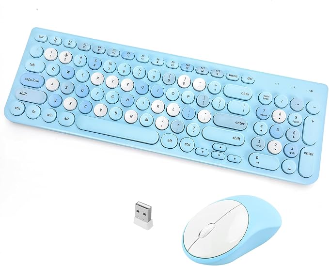 Wireless Keyboard and Mouse Combo, Retro Typewriter Keyboard with Round Keycaps, 2.4GHz USB Cute Wireless Keyboard Mouse for Computer, Desktop, Laptop (Blue Colorful) by GUKJOB