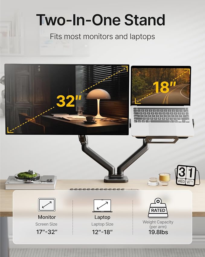 monTEK Dual Arm 2-in-1 Desk Mount, Laptop & Monitor, Fits 12–18" Laptops | Dual Arm Desk Mount with Ventilated Laptop Tray, Works for Laptop + Monitor,Full Motion Arm with Clamp/Grommet, 75/100 VESA - Image 2
