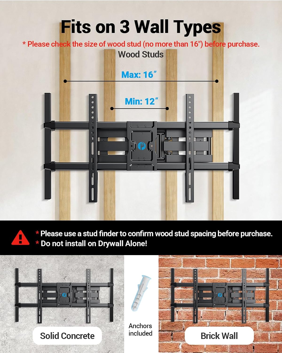 Pipishell Full Motion TV Wall Mount with LED Lights for Most 37–84 Inch TVs - Image 2