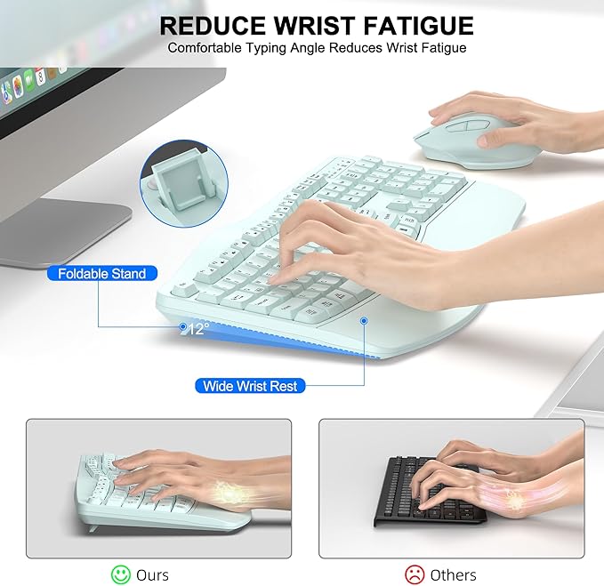 Wireless Keyboard and Mouse Combo, 2.4G Ergonomic Wave Key(Mint Green) | Full Size Wave Keyboard with Wrist Rest, 3-Level DPI Adjustable Ergonomic Mouse for Windows and Mac OS Desktop/Laptop/PC - Image 3