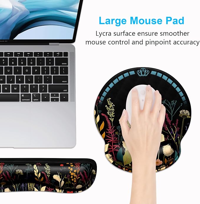 Dapesuom Keyboard Wrist Rest and Mouse Pad with Wrist Support, Cute Memory Foam Cushion for Keyboard and Mouse Set, Desktop Pad Rests with Non Slip Base for Easy Typing & Pain Relief, Floral Cartoon - Image 5