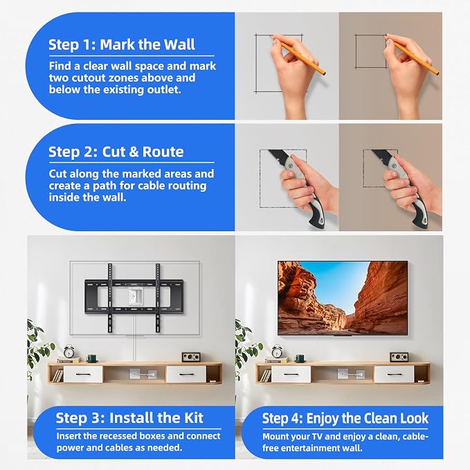 in-Wall Cable Management Kit TV Cord Hider for Wall Dual USB A&C | Hide TV Cords for Wall Mounted TV, USB-A/C Ports, 9ft Cord & Hole Saw Cutter for Home Theater Setup TV Outlet Wall Kit - Image 3
