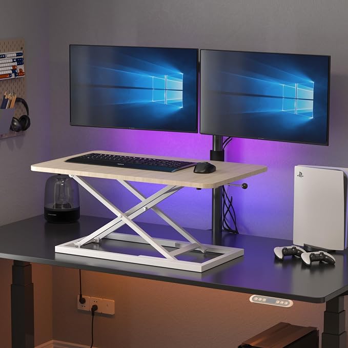 Decoholic 24 inch Height Adjustable Standing Desk Converter（Light Wood | Scissors Lift Keyboard and Mouse Riser Computer Keyboard Stand for Desktop,Keyboard Riser for Stand Up Desk Riser - Image 2