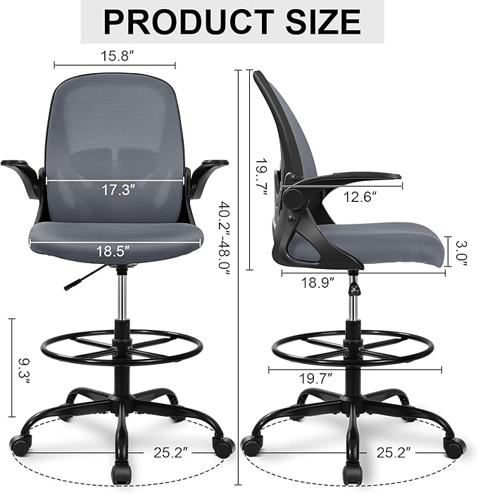 Drafting Chair Tall Office Chair with Flip-up Armrests Executive Ergonomic Computer Standing Desk Chair with Lumbar Support and Adjustable Footrest Ring（Dark Gray） - Image 3