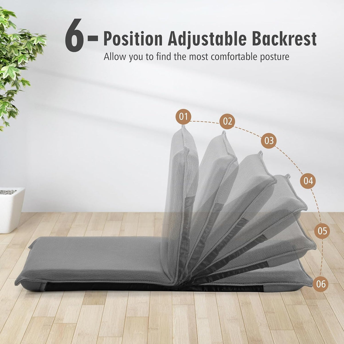 MAT EXPERT Adjustable Floor Chair, 6-Position Mesh Floor Gaming Chair, Folding Lazy Sofa Padded Lounger Recliner, Cushioned Floor Chair with Back Support for Reading, Meditating (Gray) - Image 4