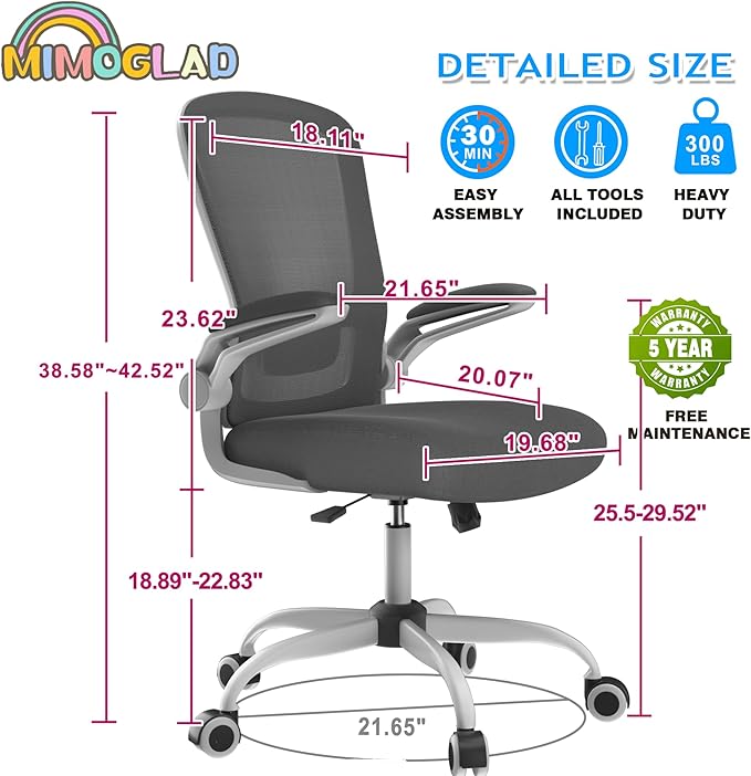 Mimoglad Home Office Chair, High Back Desk Chair, Ergonomic Mesh Computer Chair with Adjustable Lumbar Support and Thickened Seat Cushion - Image 2
