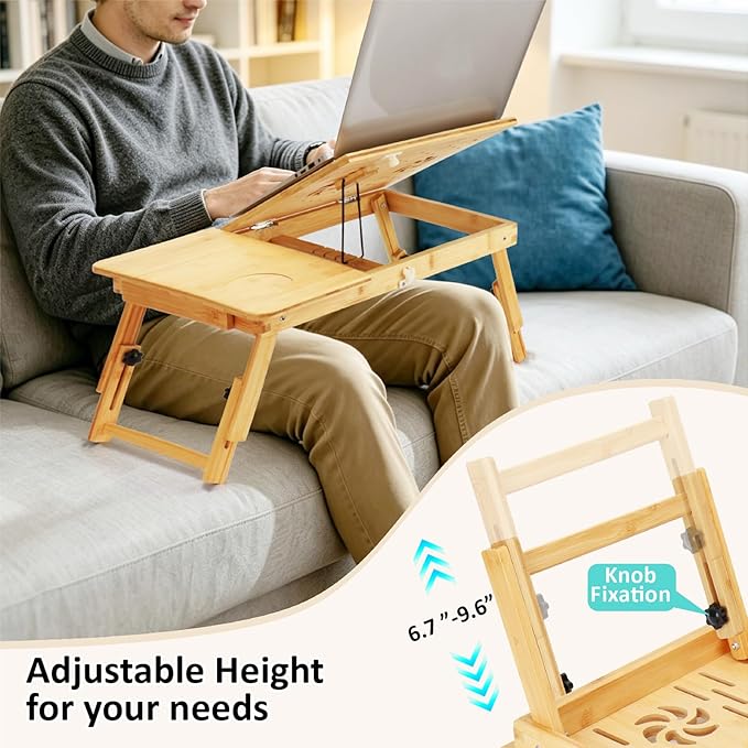 Laptop Desk for Bed, Foldable Bed Tray, Adjustable Angle & Height | Bamboo Laptop Stand with Cup Holder and Drawer, Portable Lap Desk for Couch Sofa Floor, Ideal for Breakfast, Writing, Drawing - Image 4