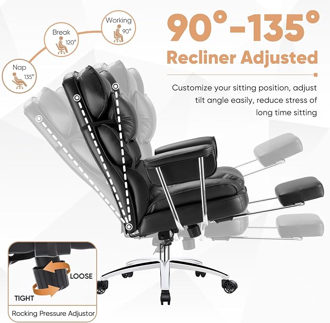 Sweetcrispy Executive Home Office Chair, Ergonomic Desk Chair | Big Tall High Back, Lumbar Support, Reclining Height Adjustable, PU Leather, Computer Gaming, Footrest Swivel Wheels, Black - Image 5