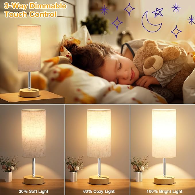Dicoool Bedside Table Lamp Set of 2-3-Way Dimmable Touch Lamp, USB A+C | LED Bulb Included, USB C+A Charging Ports, Cream Fabric Lampshade, Metal Base, 14" Small Lamps for bedroom, Living Room - Image 3