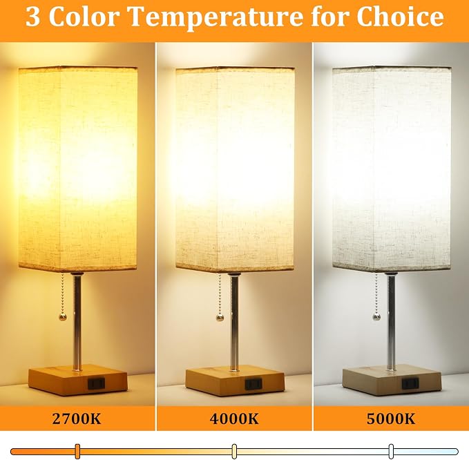 18'' Table Lamp for Bedroom set of 2,3-Color Bedside Lamps with Pull Chain | Table Lamps for Nightstand with AC Outlets,Night Light Lamps with 2 Bulbs Lamps for Living Room Kids Room Office Decor（Wood） - Image 2