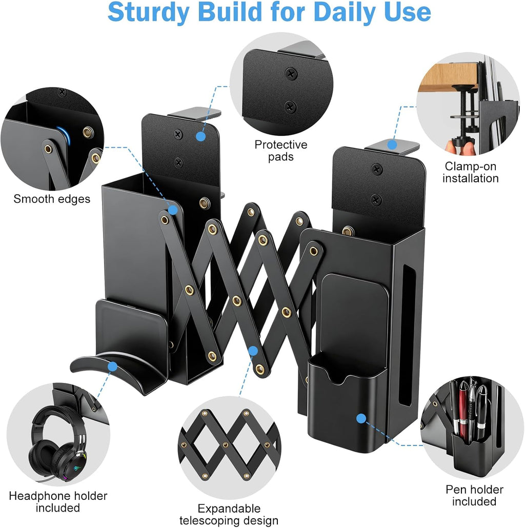 Desk Side Storage，Under Desk Clamp-on Vertical Laptop Holder,7-17 Inch Length Adjustable with Pen & Headphone Holder,No Drill Storage Shelf for Desk，Fits Table Edge 0.4" to 2.3"(Black) - Image 5