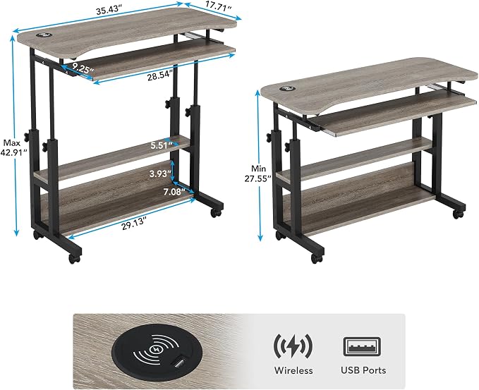 Tribesigns Portable Desk with Power Outlets, Height Adjustable Side Table Sofa Couch Bedside Laptop Computer Cart with USB Charging Ports, Mobile Small Standing Desk with Keyboard Tray - Image 2