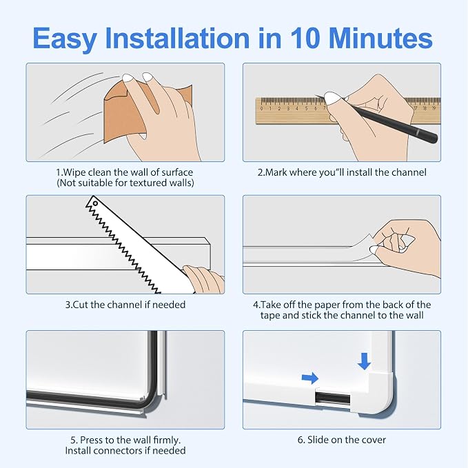 Yecaye Cord Hider, 113in One-Cord Cable Raceways, W0.59in H0.4in, White | TV Cord Covers for Wires on Wall, Easy Install Cable Management Kit for 2 Small Wires - Image 7