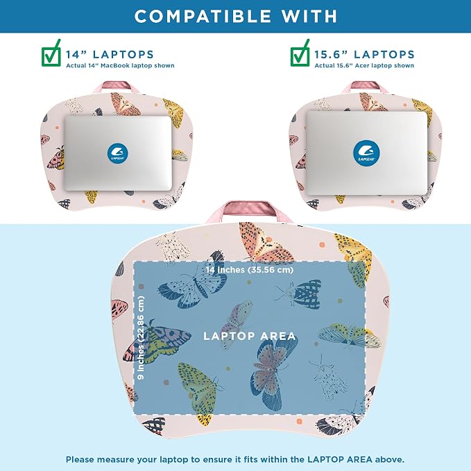 LAPGEAR MyStyle Lap Desk – Butterflies, Fits 15.6" Laptops | Dual-Bolster Microbead Cushion, Built-In Carry Handle, Ergonomic Curved Front Edge - Image 3