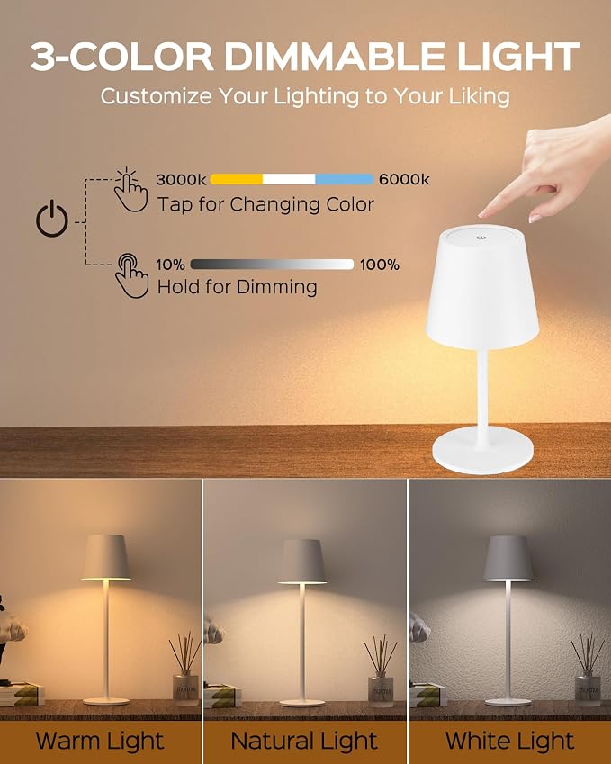 JACKYLED Cordless Table Lamps Rechargeable, 3 Adjustable Height, 5000 Capactiy Operated, 3 Colors Smooth Dimming, Portable LED Waterproof Table Lamp for Dining, Bedroom, Outdoor (2 Pack) - Image 5