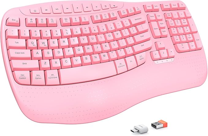 MEETION Wireless Ergonomic Keyboard with Wave Keys and Wrist Rest - Pink | Firm wrist rest, 2.4G USB-A receiver, USB-C adapter included, full-size layout, compatible with Windows, Mac, PC, laptop by MEETION