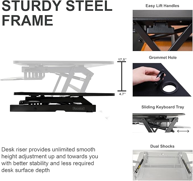 Rocelco 45" Height Adjustable Standing Desk Converter - Slide Out Retractable Keyboard Tray - Sit Stand Up Triple Monitor Riser - Dual Piston Lift Tabletop Computer Workstation - Black (R ADRB-45) - Image 2