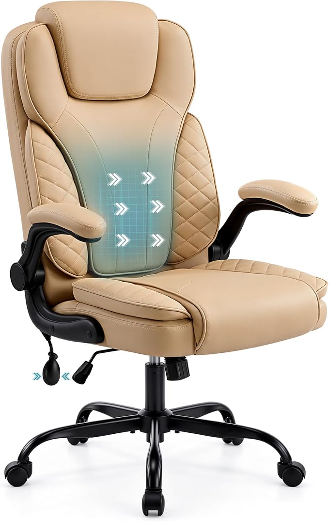 Ergonomic Office Chair, PU Leather High Back Executive Chair with Adjustable Inflatable Lumbar Support and Padded Flip-Up Arms, Recline Swivel Task Computer Chair for Home Office, Khaki by Hayelf