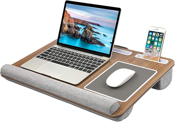 HUANUO Lap Desk - Fits up to 17 inches Laptop Desk, Built in Mouse Pad & Wrist Pad for Notebook, Laptop, Tablet, Lap Stand with Tablet, Pen & Phone Holder, Brown Woodgrain by HUANUO