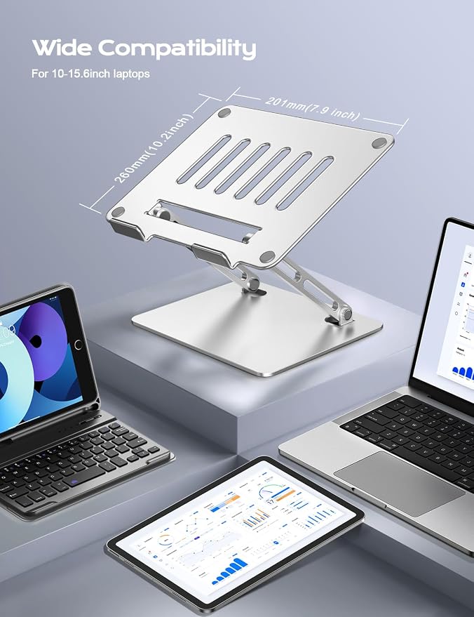 LOXP Aluminum Laptop Stand, Adjustable Laptop Stand for Desk Foldable | Portable Laptop Riser, Ergonomic Computer Notebook Holder for Desk, Office Desk Accessories (10-15.6'') - Silver - Image 6