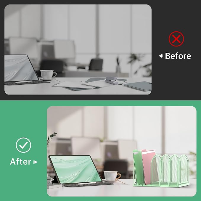 5-Section File Organizer for Desk, Metal File Folder Holder, Mint Green | 5 Vertical Compartments with Sturdy Metal Base for Office Documents Books Magazines and Laptop - Image 7