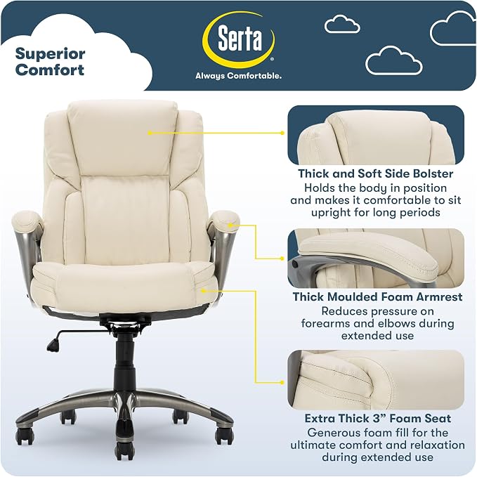 Serta Ergonomic Executive Office Chair with Lumbar Support, Leather Chair | Garret, Back Pain Relief, Foam Seat Cushion, Padded Arms, Adjustable Height and Reclining, Home Desk Chair with Wheels, Beige - Image 4