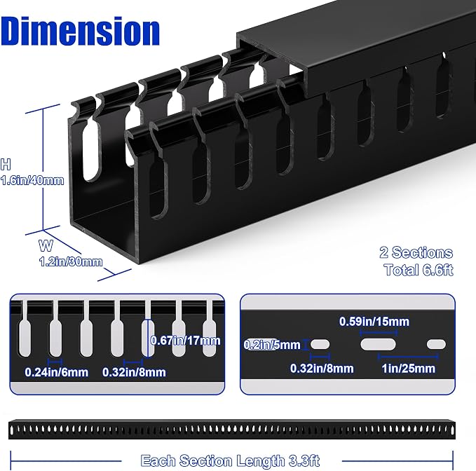 1.6"H x 1.2"W Cable Raceway, 6ft Under Desk Wire Management Channel, Black | Slotted Wire Duct, 2 Pack (3 ft Each), Heavy-Duty PVC Cable Management for Server Racks, Network Cables & Electrical Cabinets - Image 2