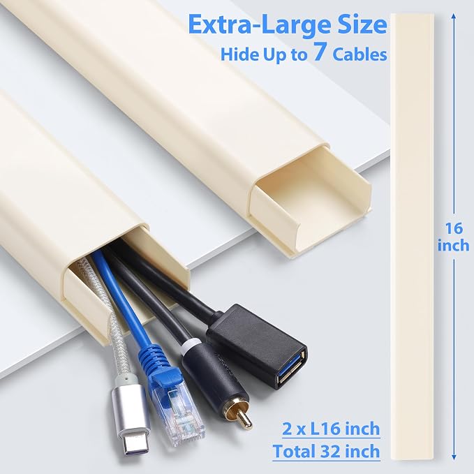 ZhiYo 32" Cord Covers for 4-7 Wires on Wall, Beige, 1.54" W x 0.75" H | Paintable TV Cord Hider for Wall-Mounted TVs, Self-Adhesive Wire Cover for Walls, Easy Installation, 2 Pack (16" Each) - Image 2