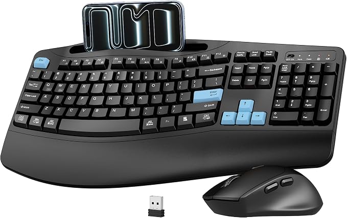 Wireless Keyboard and Mouse Combo, Full Size Ergonomic Wave Keys(Blue) | 2.4G Ergonomic Keyboard with Wrist Rest, Phone Holder, 3-Level DPI Silent Mouse with 6-Buttons, for Windows/Mac OS/Laptop/PC by Unknown