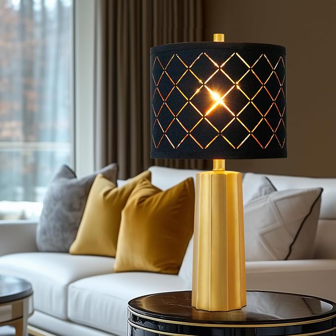 24" Modern Table Lamp for Living Room Bedroom Black Grid Shade | Gold Nightstand Resin Lamps Contemporary Desk Lamps for Bedside End Tables, 2 Bulbs Included (Gold) - Image 5